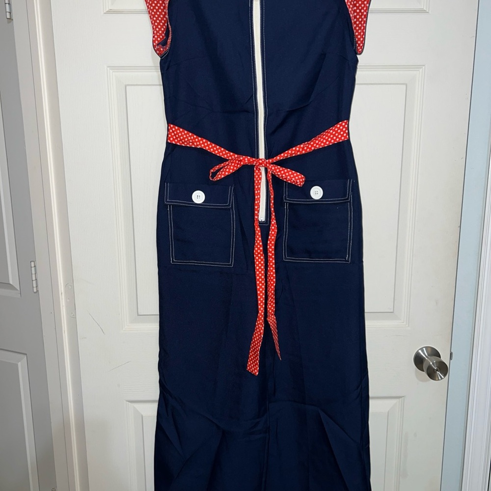 Vintage Navy Dress with Red Polka Dot Trim